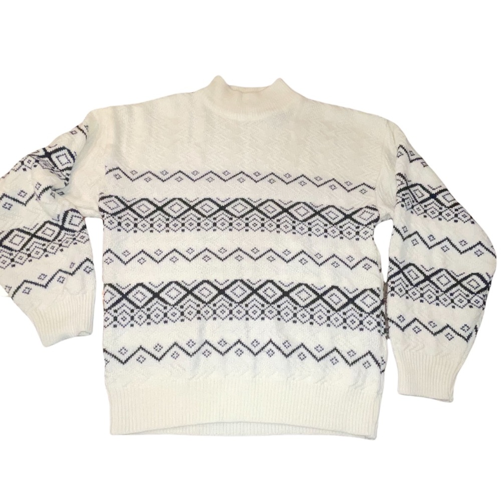 Vintage Rainbow Ridge 80s Black/White/cream Fair Isle Mock Neck sweater Size M